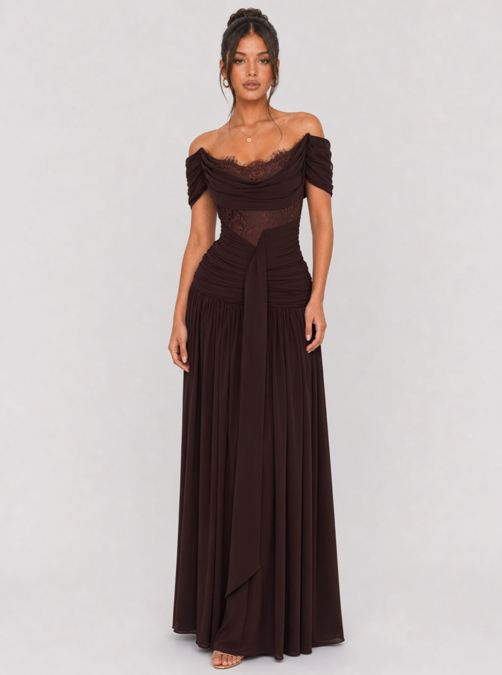Zephrina Thessaly lace off-shoulder maxi dress in brown