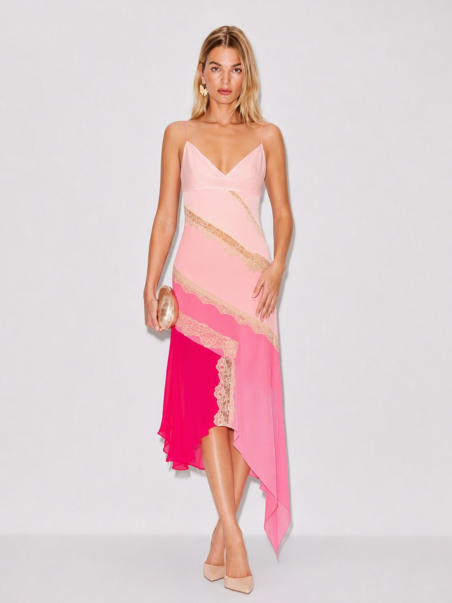 Cecily Asymmetric Lace-Panel Midi Dress