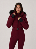 Zephrina Dagny hooded quilted one-piece ski suit in burgundy