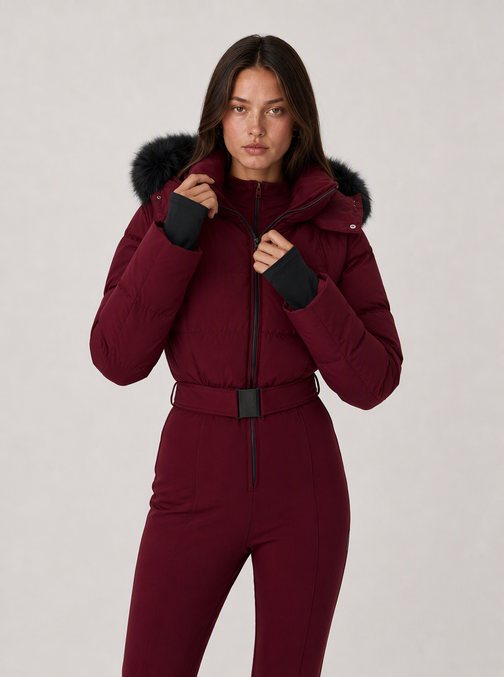 Zephrina Dagny hooded quilted one-piece ski suit in burgundy