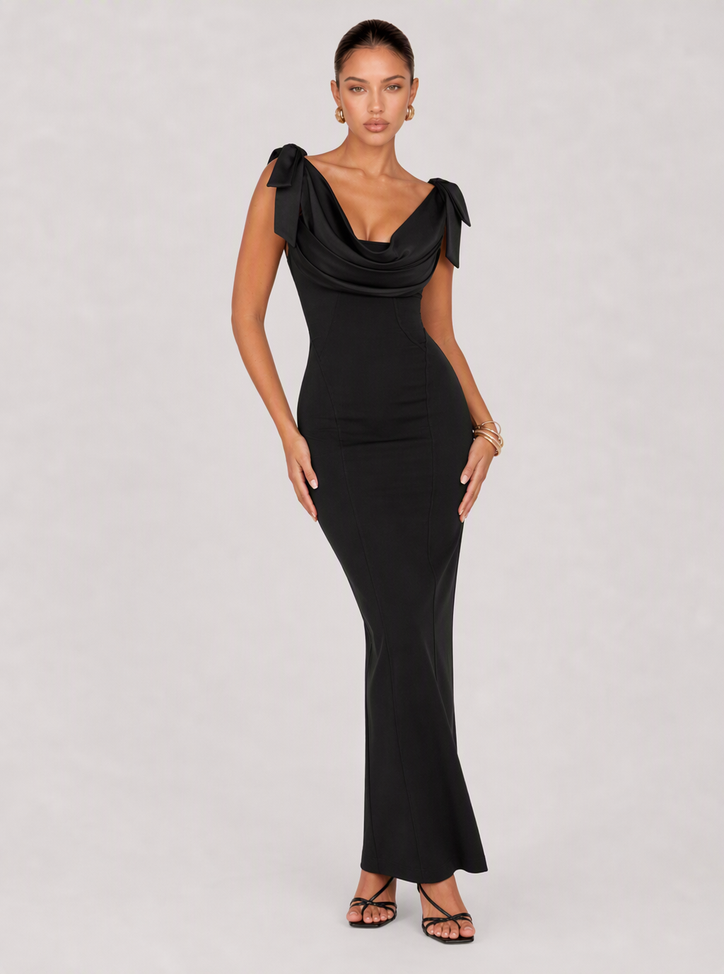 Zephrina Honoria bow-shoulder satin maxi dress in black