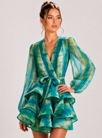 Zephrina Isolde ombre ruffle mini dress in green