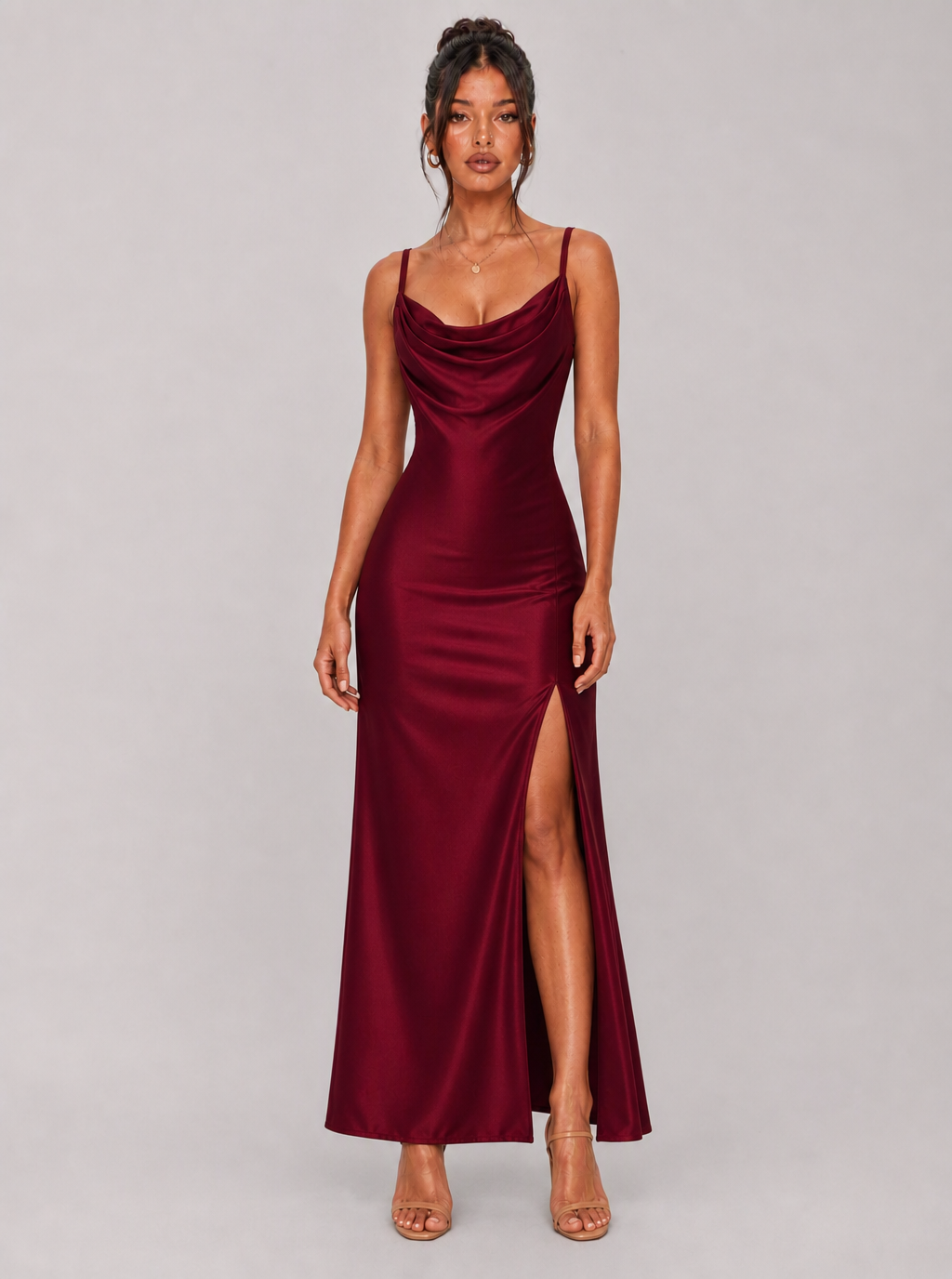 Zephrina Evelina draped satin maxi dress in burgundy