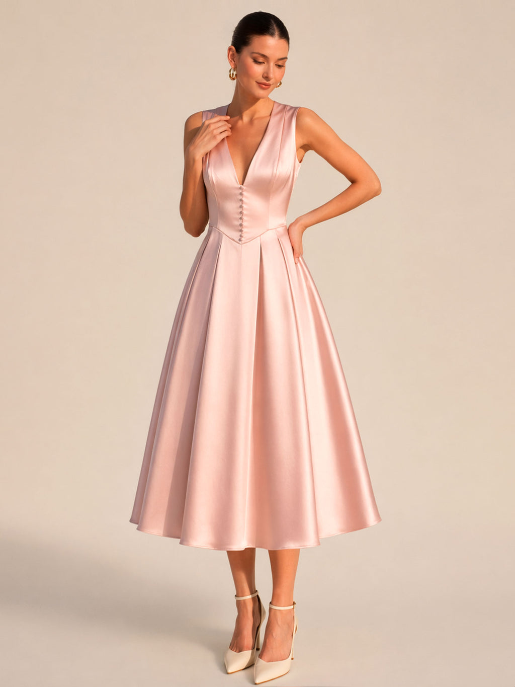 V-Neck Satin Midi Evening Dress