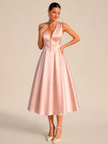V-Neck Satin Midi Evening Dress