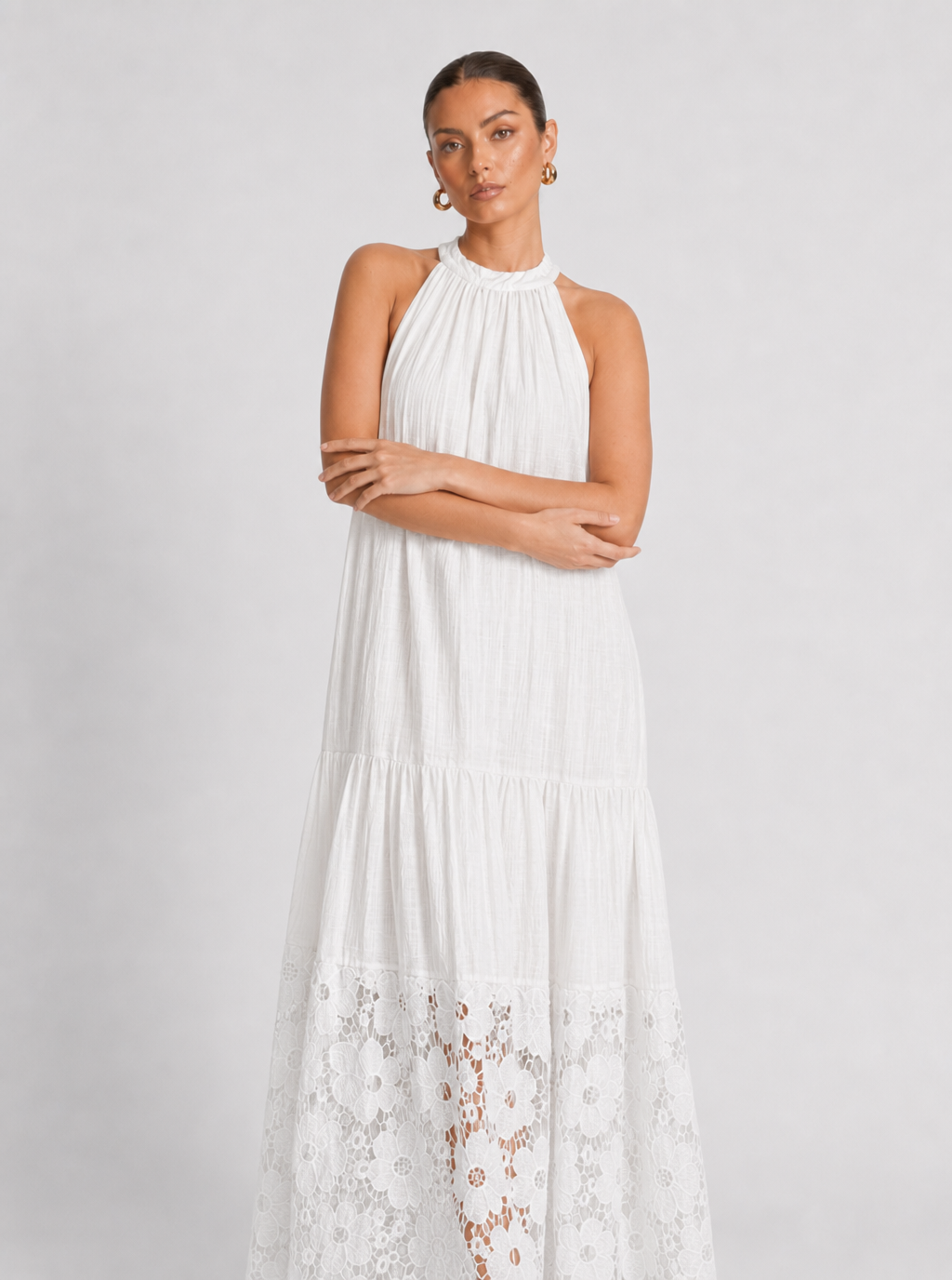 Zephrina White Floral Lace Halter Tiered Maxi Dress