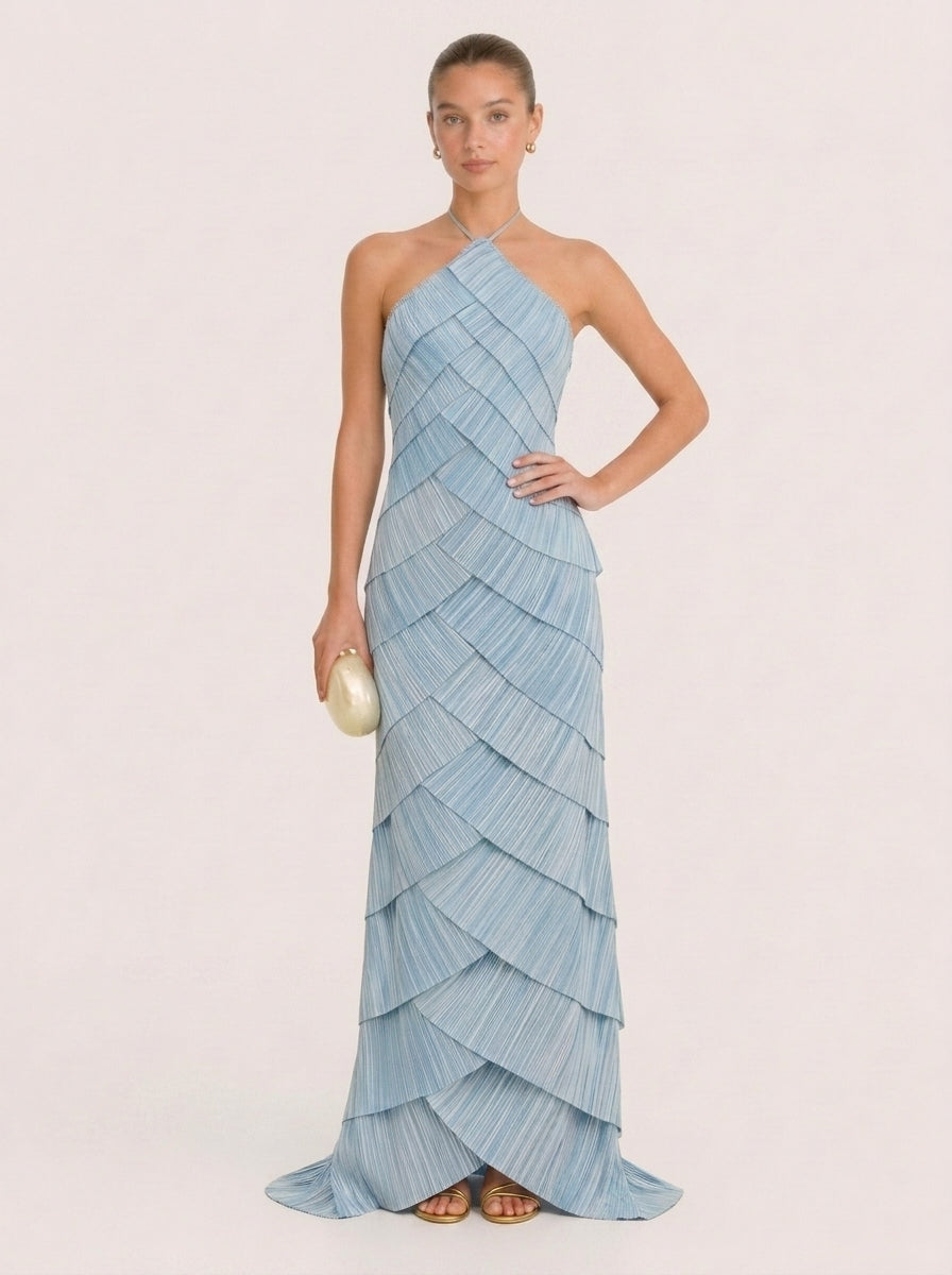 Light Blue Pleated Halter Maxi Gown