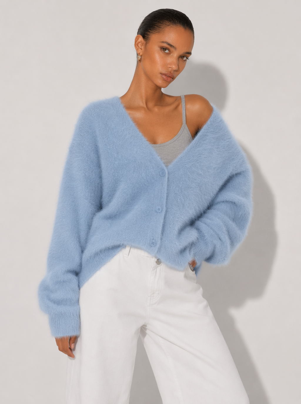 Zephrina Adara plush button cardigan in khaki