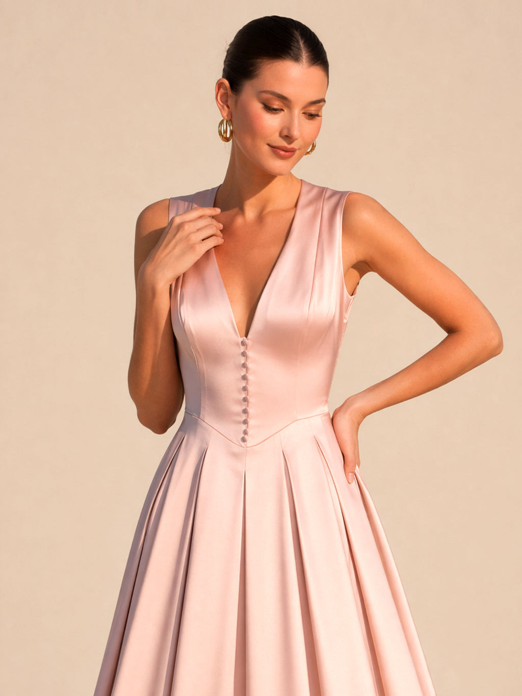 V-Neck Satin Midi Evening Dress