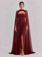 Zephrina Violette cape-sleeve chiffon maxi dress in burgundy