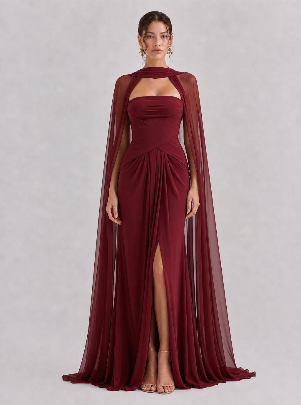 Zephrina Violette cape-sleeve chiffon maxi dress in burgundy
