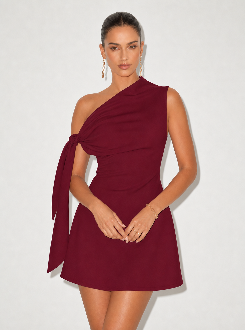 Zephrina Delphine one-shoulder knot mini dress in apricot