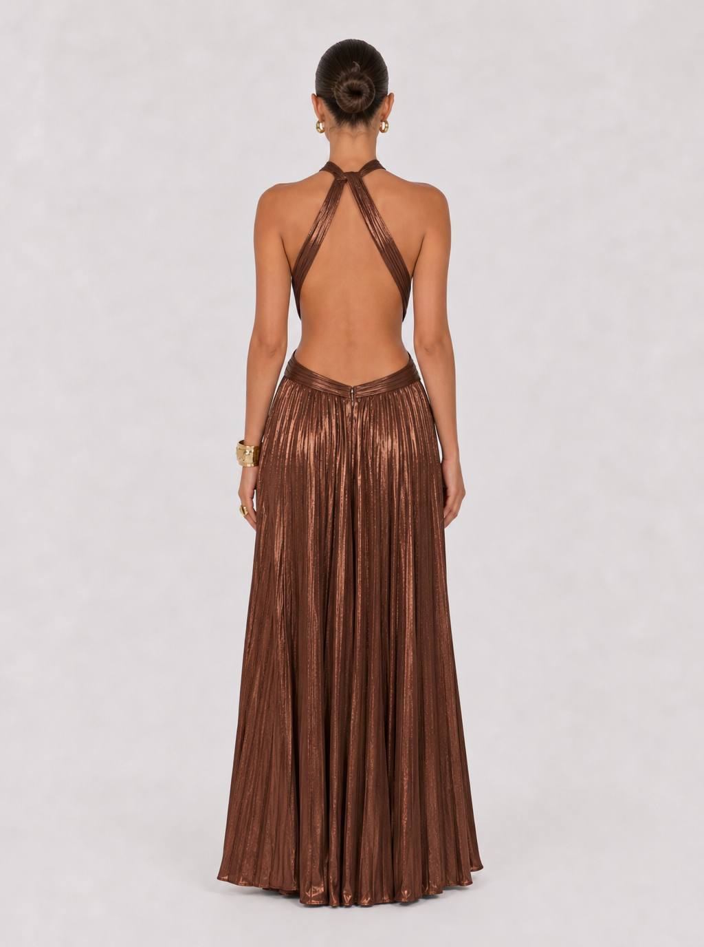 Zephrina Liselotte metallic pleated halter maxi dress in golden brown