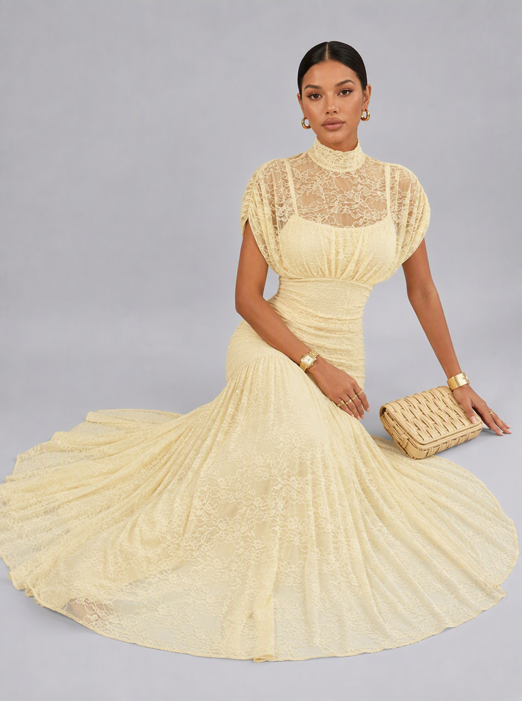 Zephrina Noemie lace yoke maxi dress in yellow