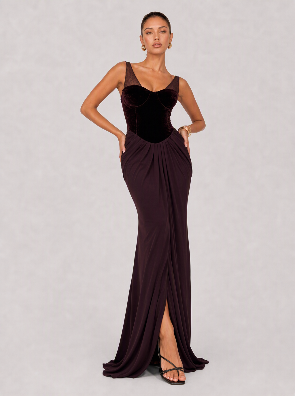 Zephrina Ameline draped velvet maxi dress in deep plum