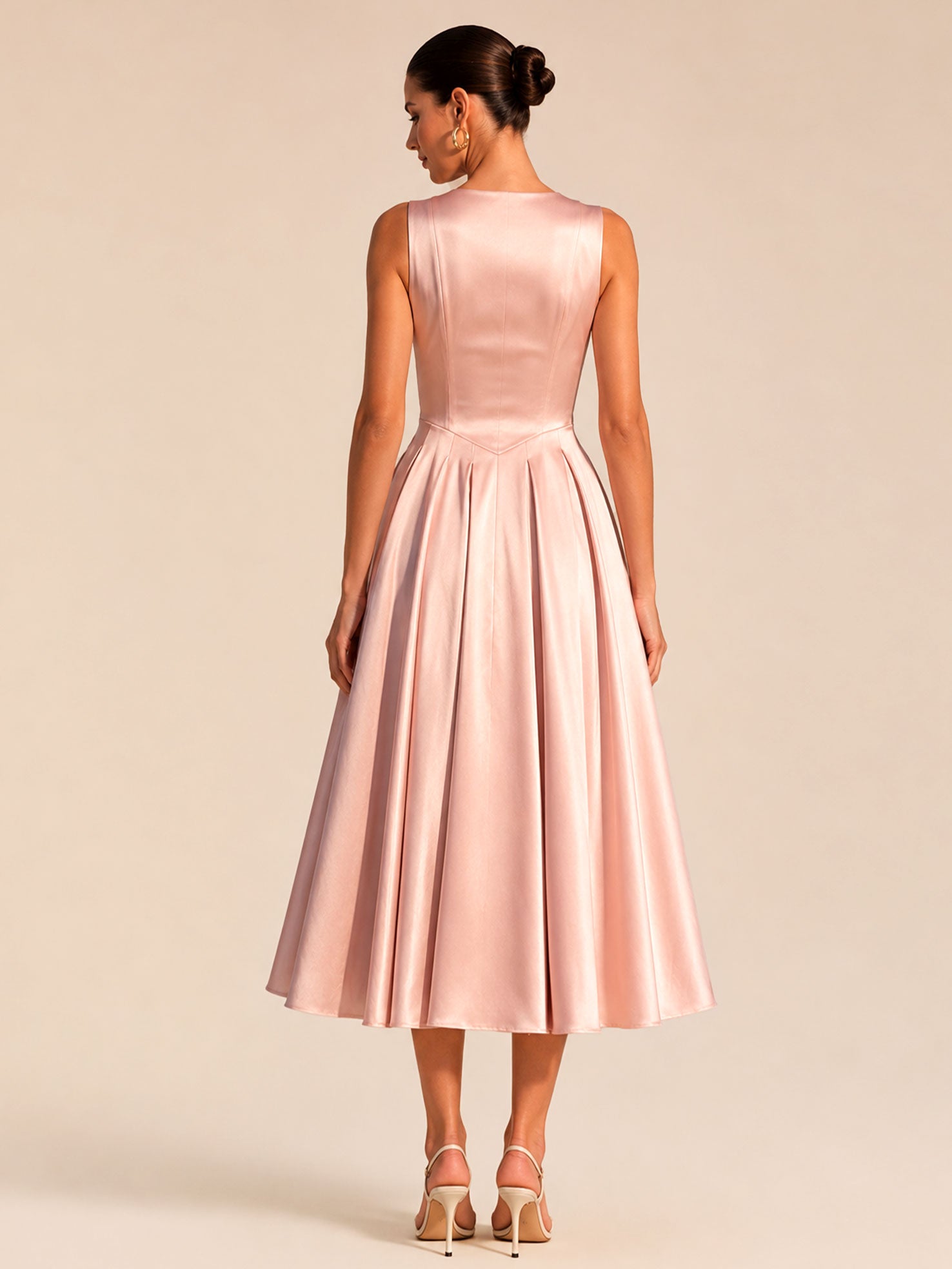 V-Neck Satin Midi Evening Dress