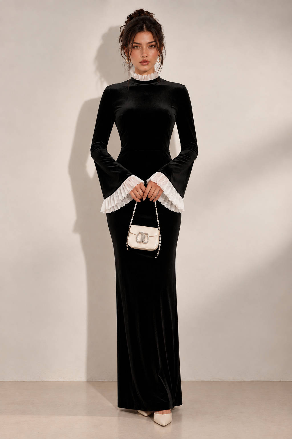 Zephrina Marcellina contrast-cuff velvet maxi dress in black