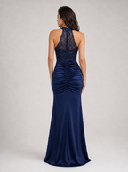 Zephrina Calantha embellished halter satin maxi dress in navy
