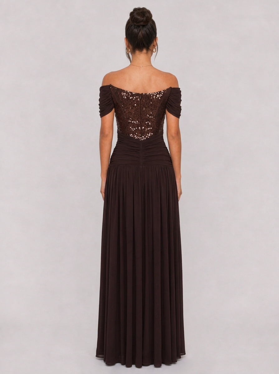 Zephrina Mariette sequin lace maxi dress in brown