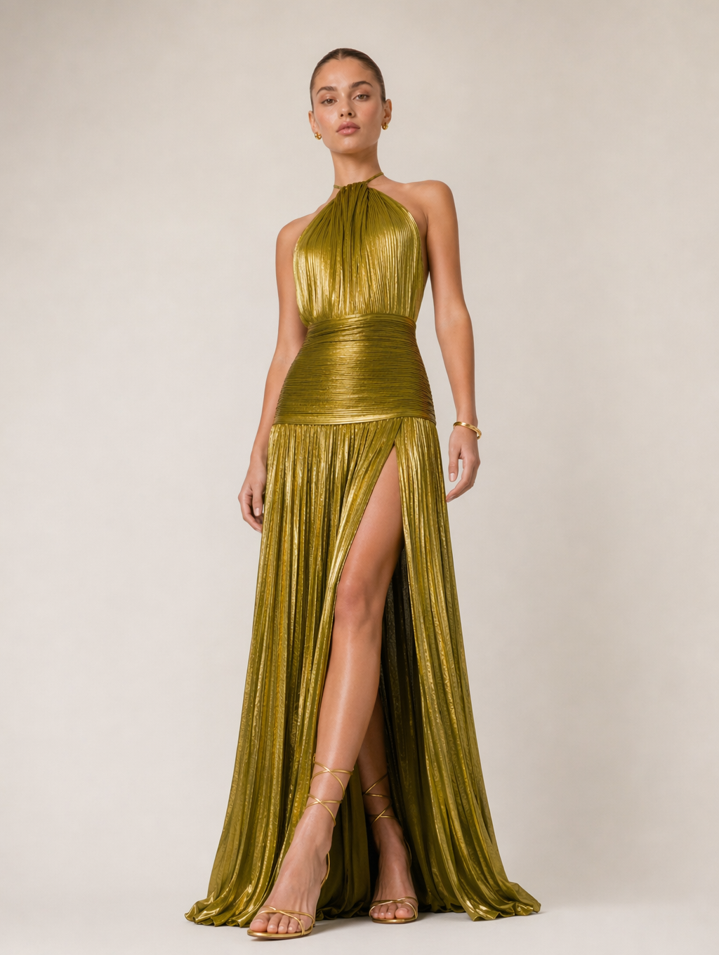 Metallic Olive Gold Pleated Halter Maxi Gown