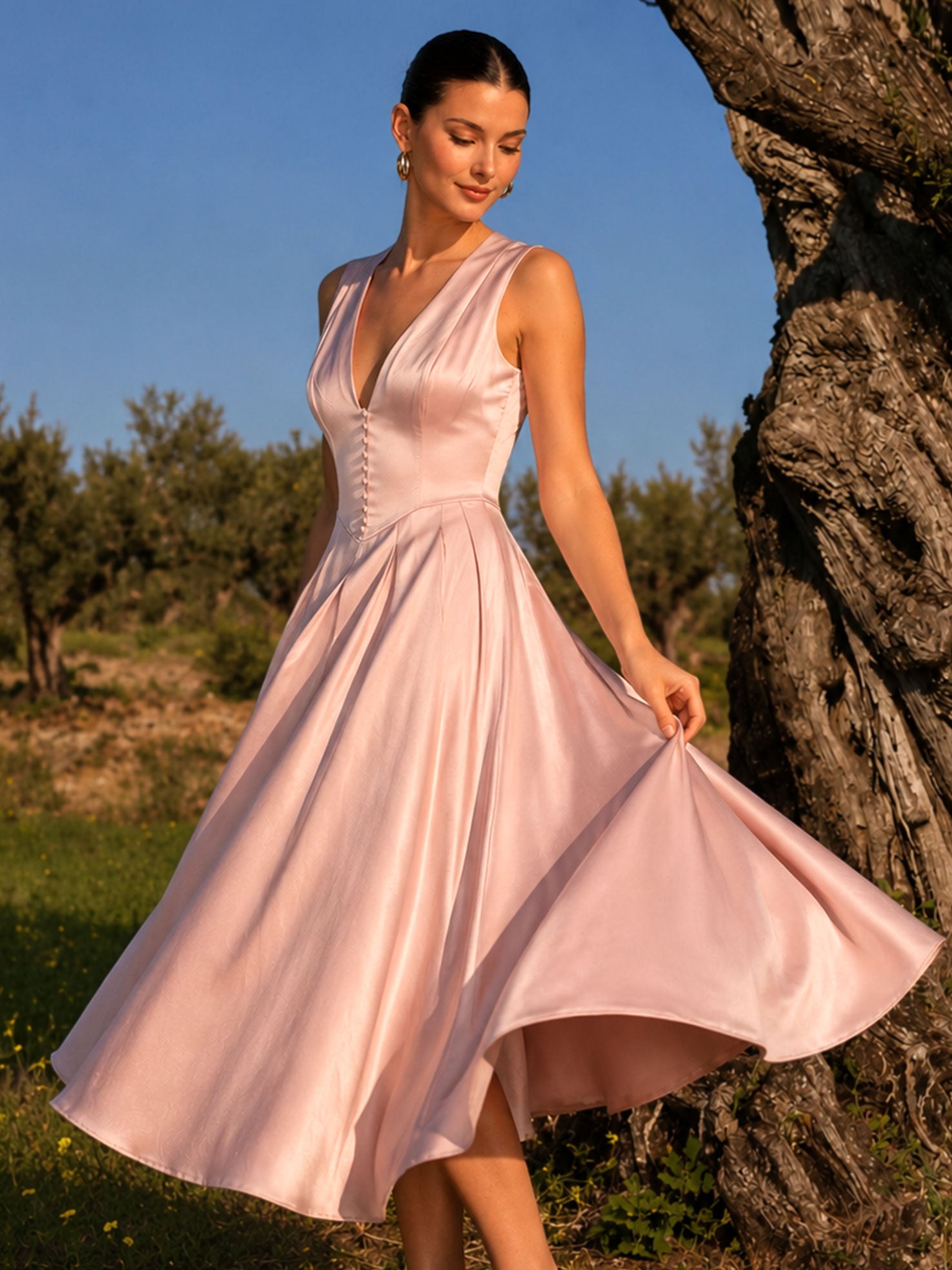 V-Neck Satin Midi Evening Dress