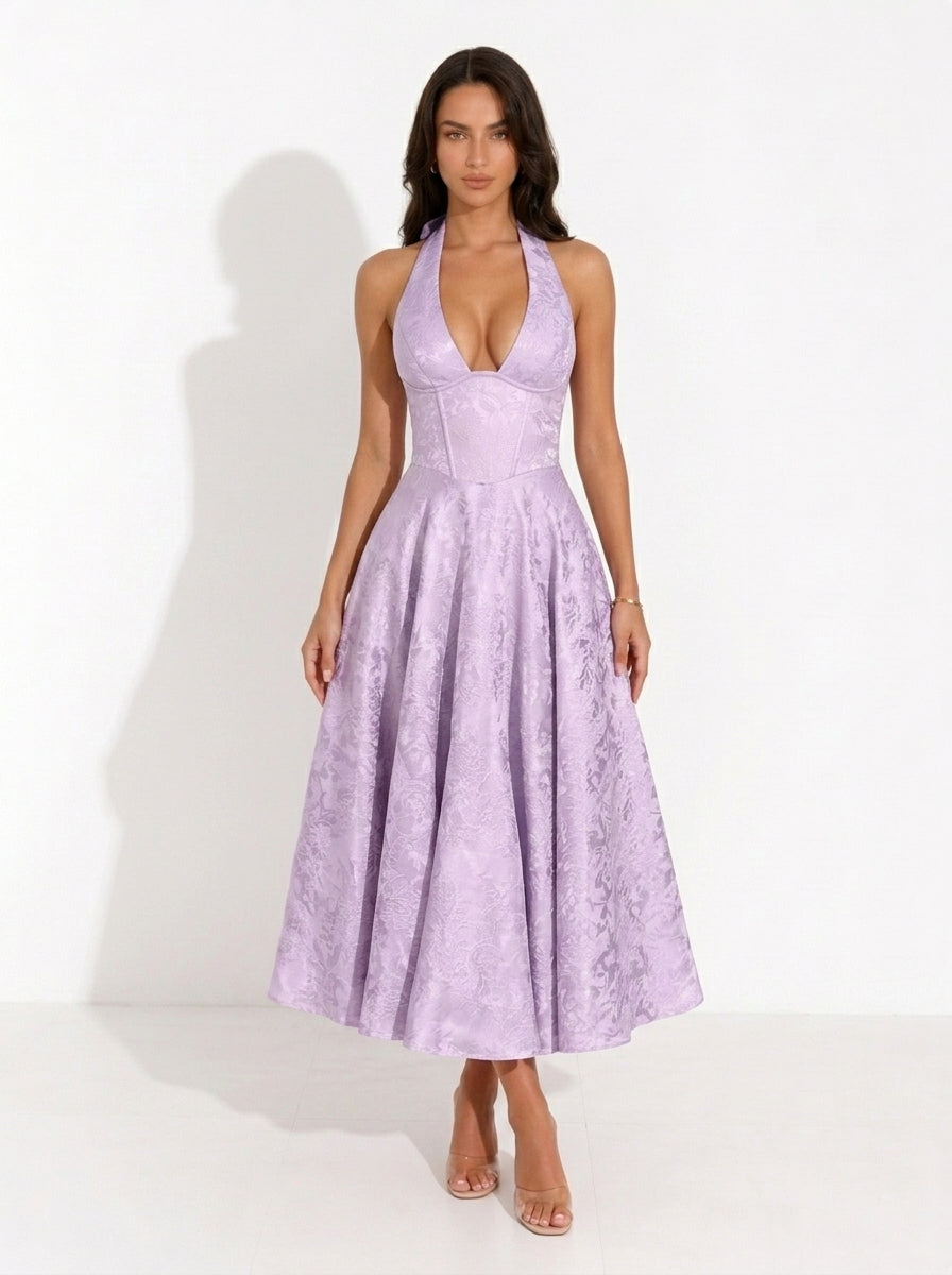 Zephrina Eliska jacquard halter midi dress in pink