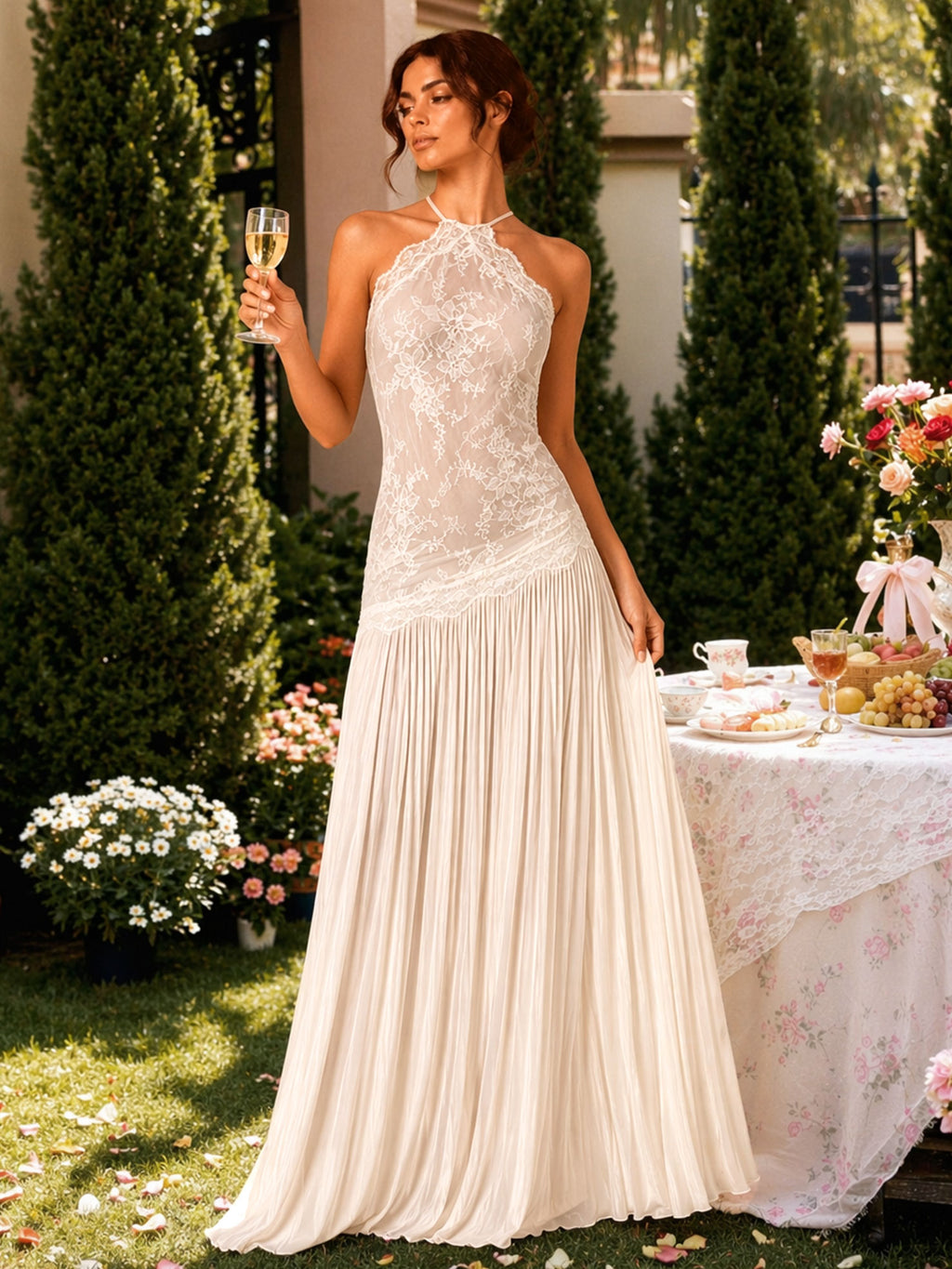 Zephrina Apricot Halter Lace Maxi Wedding Dress