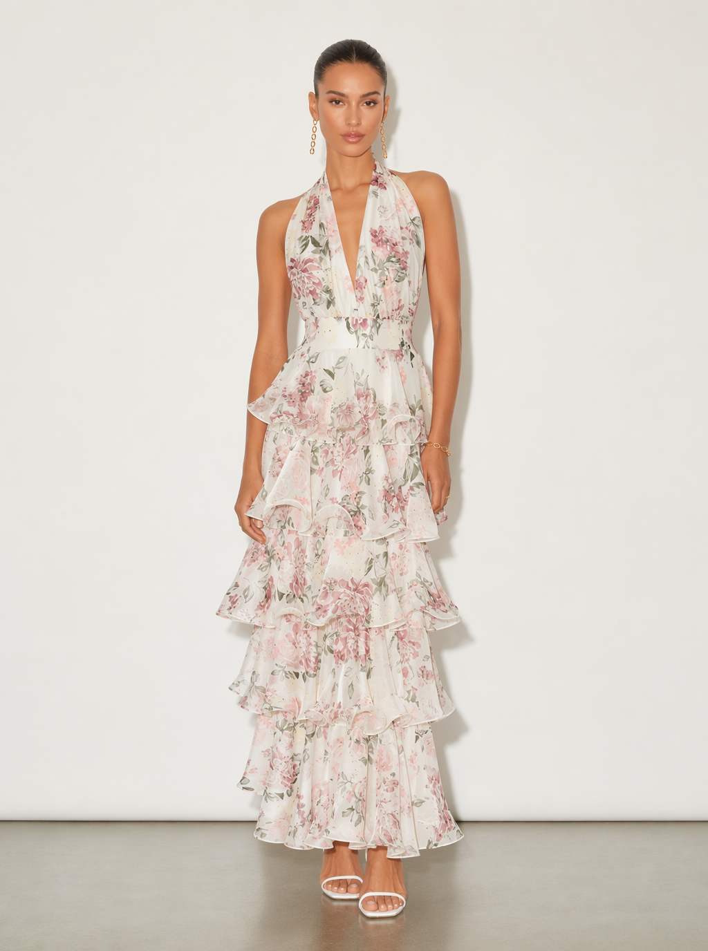 Zephrina Bianca floral tiered halter maxi dress in pink