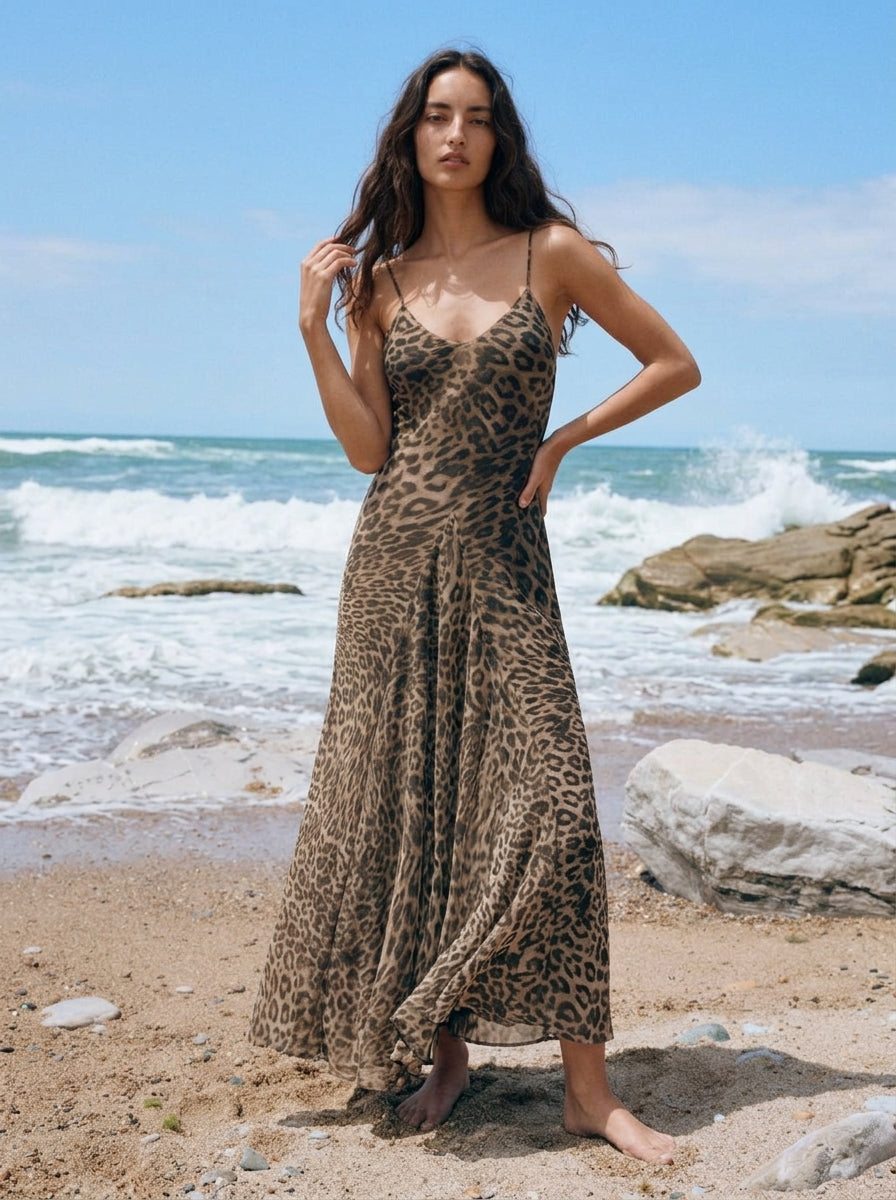 Zephrina Nerea leopard mesh midi dress in brown
