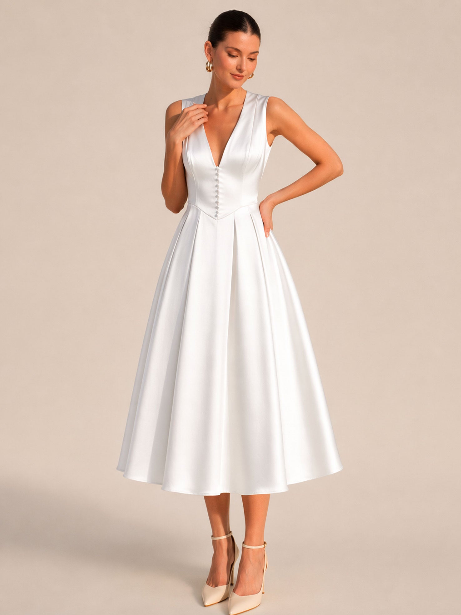 V-Neck Satin Midi Evening Dress