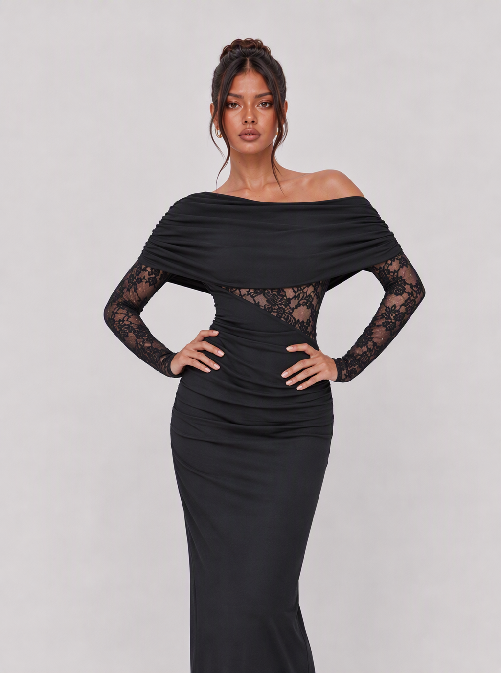 Zephrina Meliora asymmetric lace-waist maxi dress in black