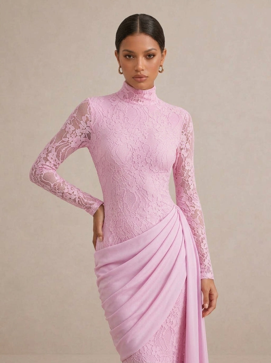 Zephrina Claudine lace drape maxi dress in pink