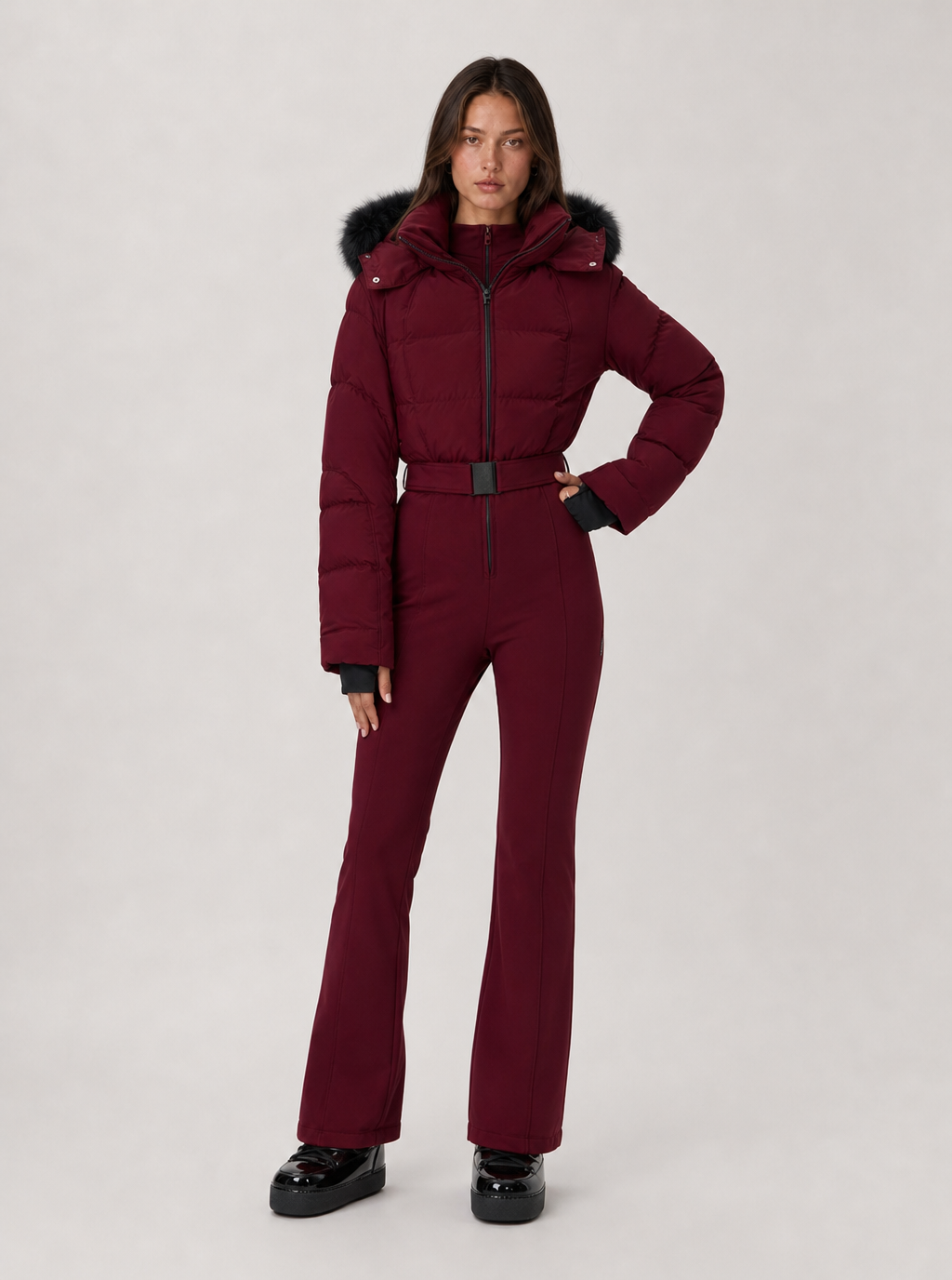 Zephrina Dagny hooded quilted one-piece ski suit in burgundy