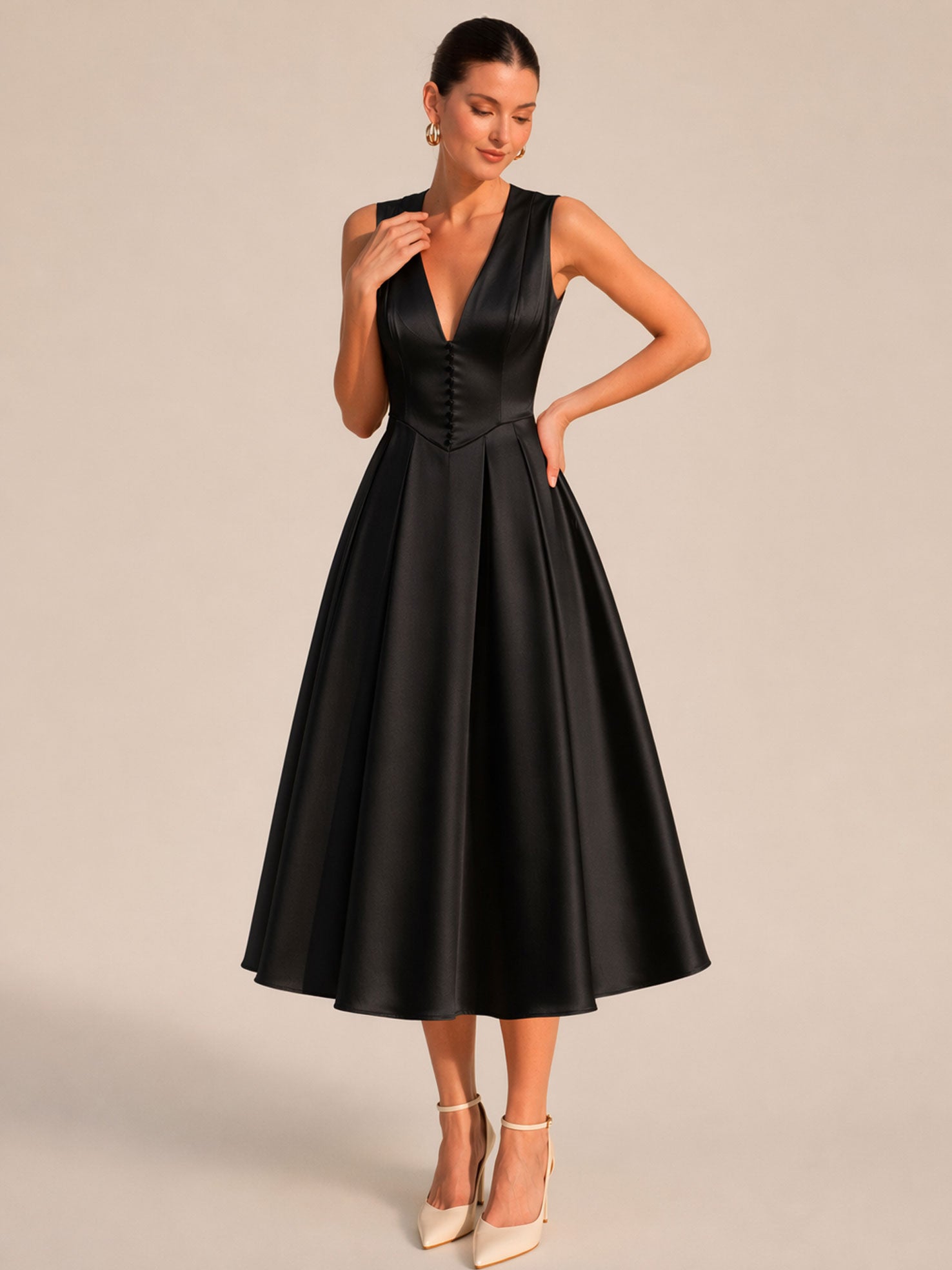 V-Neck Satin Midi Evening Dress