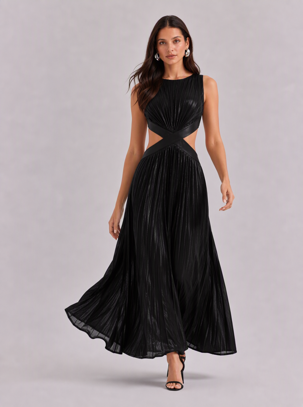 Zephrina Adelheid cutout metallic pleated maxi dress in black