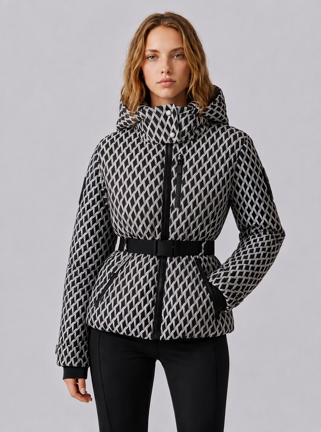 Zephrina Ailsa belted hooded quilted jacket in black and white geometric check