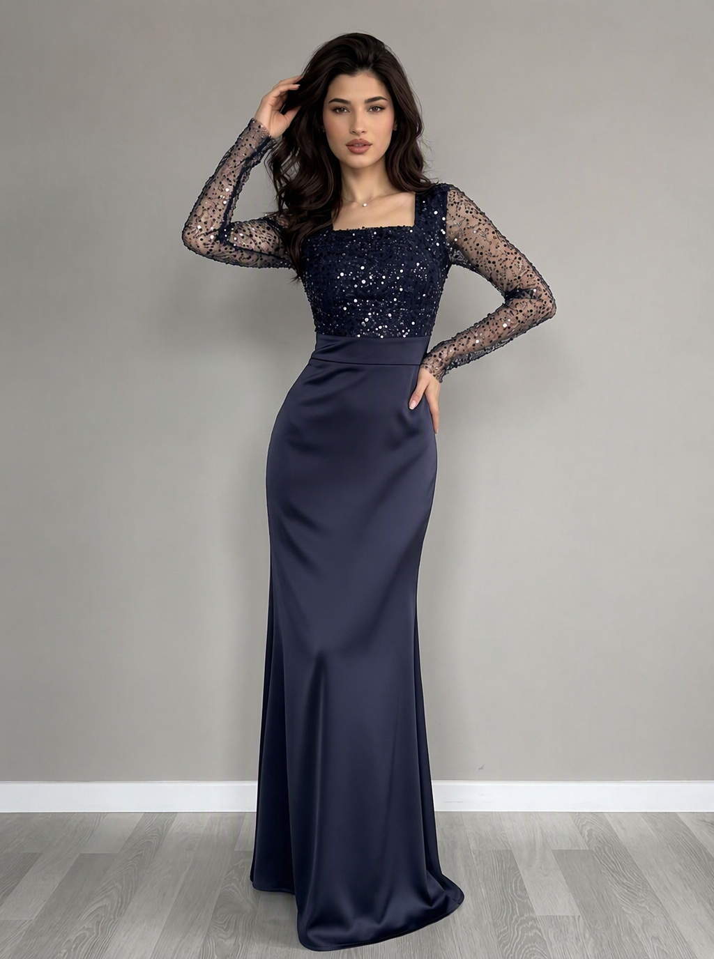 Zephrina Mireya sequin lace maxi dress in navy