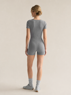 Ballet-Inspired Fitted Short Sleeve Unitard with Wrap Tie Waist