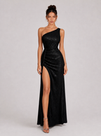 Zephrina Donatella one-shoulder sequin slit maxi dress in black