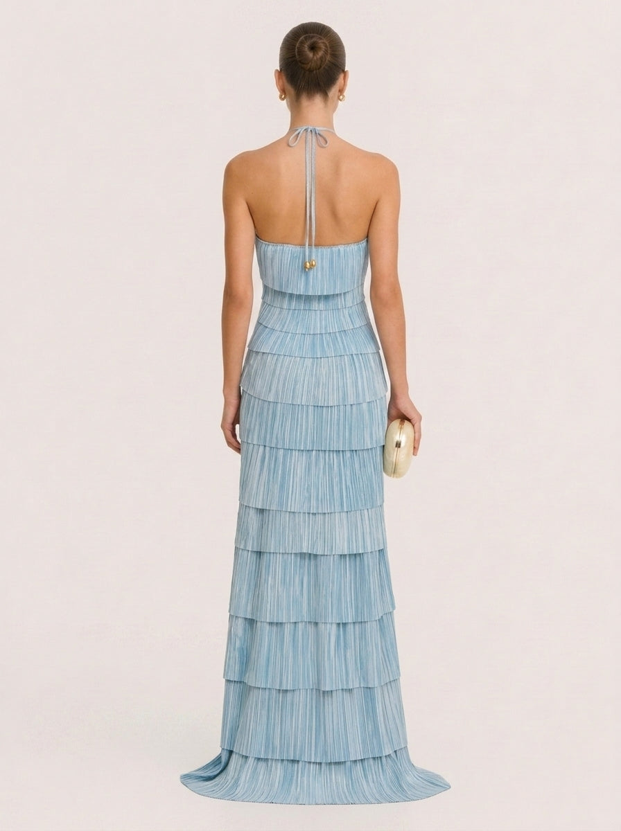 Light Blue Pleated Halter Maxi Gown
