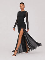 Zephrina Gwendolyn ruched mesh slit maxi dress in black