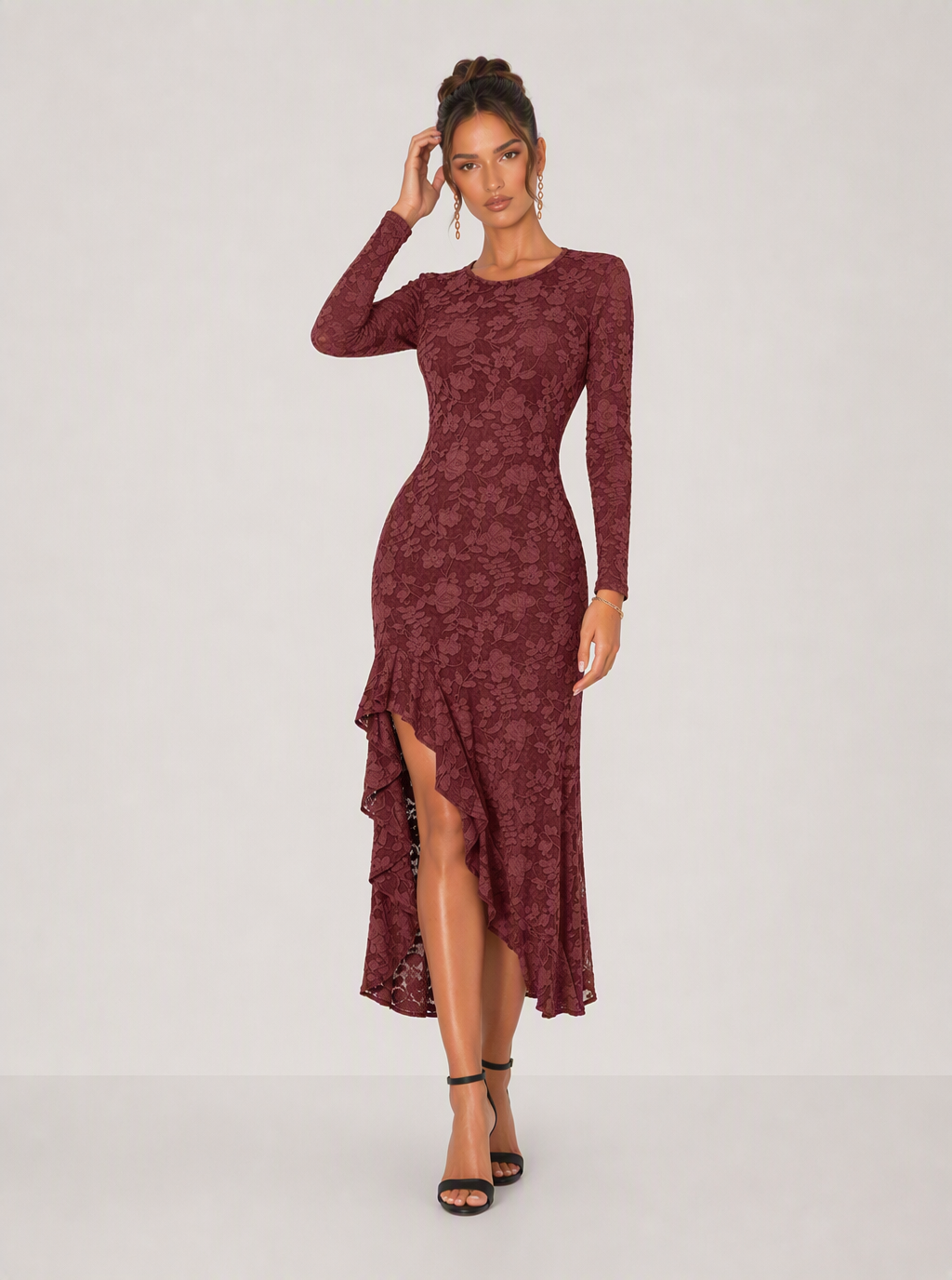 Zephrina Serilda lace jacquard midi dress in brown