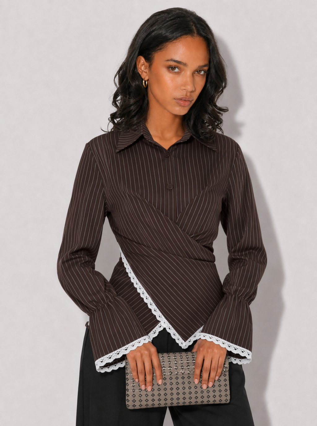 Zephrina Jessamine striped lace-trim blouse in coffee