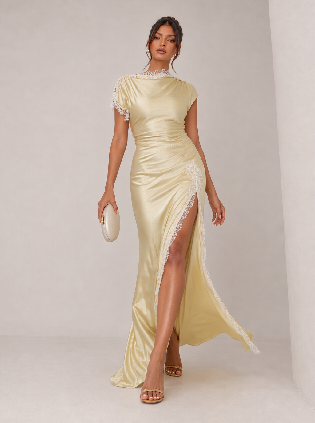 Zephrina Albertina lace-trim satin slit maxi dress in yellow