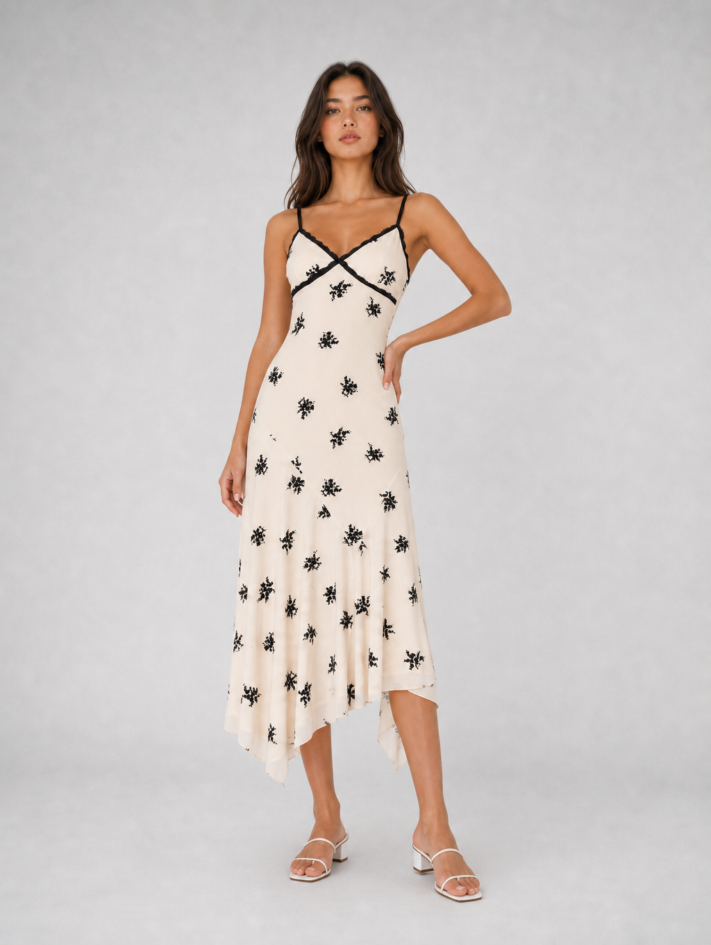 Cream Base Black Floral Print Slip Midi Dress
