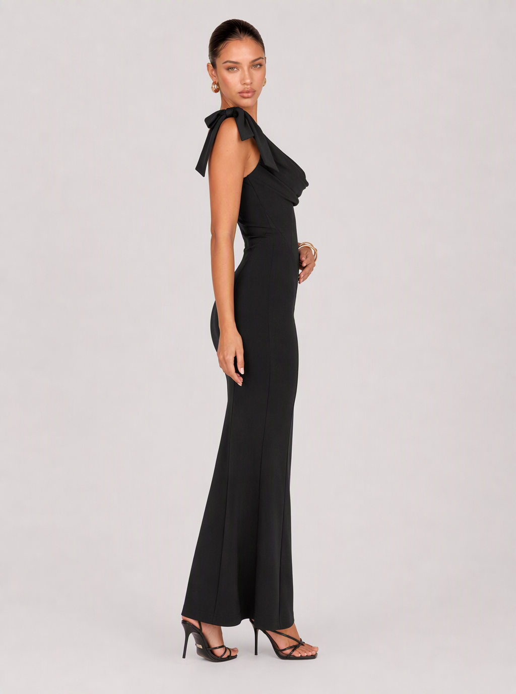 Zephrina Honoria bow-shoulder satin maxi dress in black