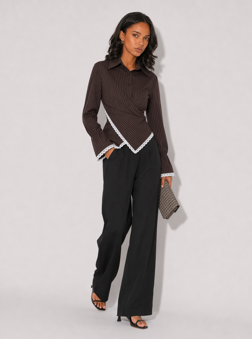 Zephrina Jessamine striped lace-trim blouse in coffee