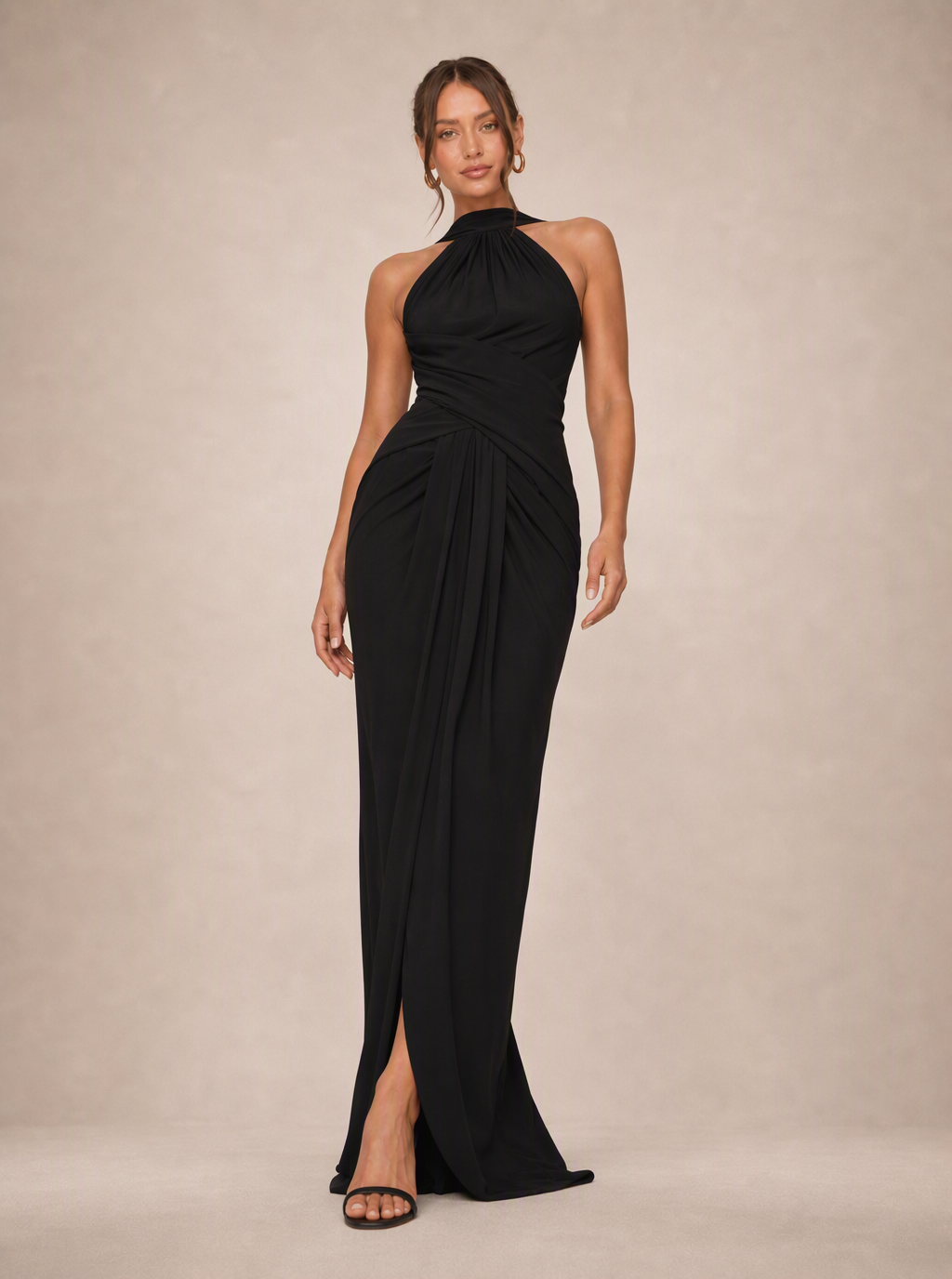 Zephrina Hermine open-back halter slit maxi dress in black
