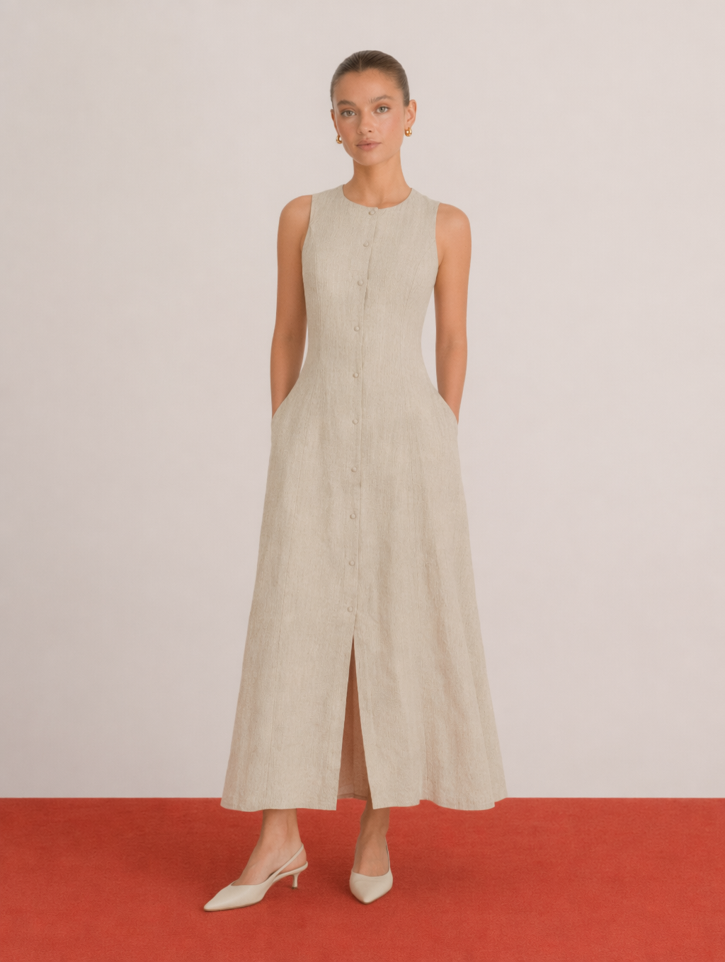 Sleeveless  Button Down Linen Maxi Dress