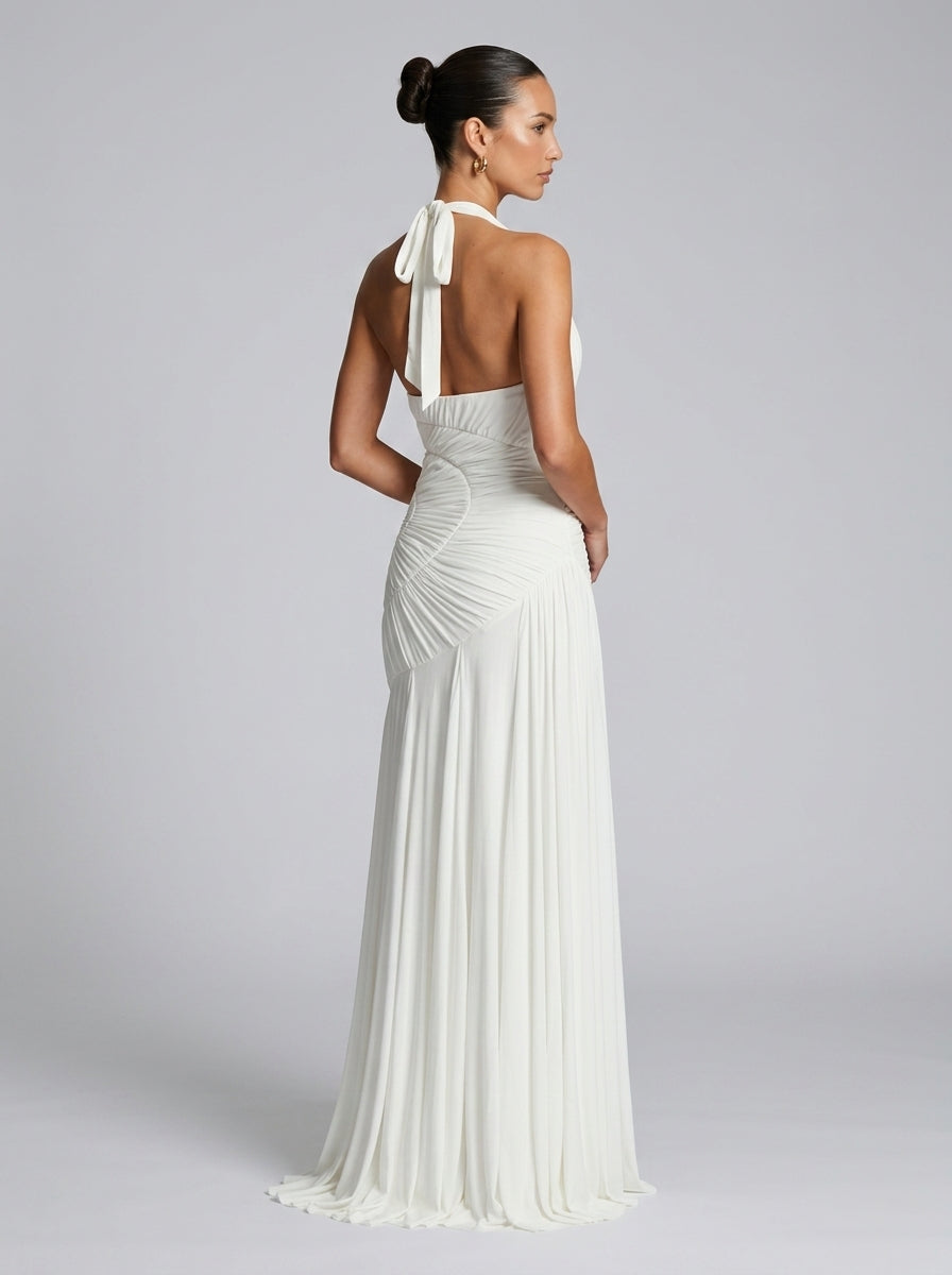 Zephrina Solenne ruched halter maxi dress in white